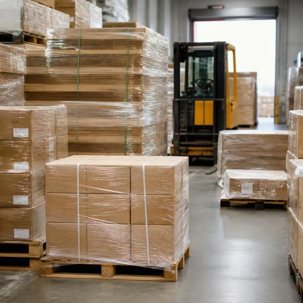 Khu trung chuyển với nhiều pallet hàng lưu tạm