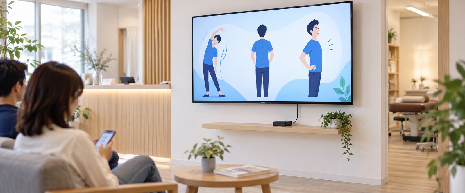 整骨院の待合で、壁のモニターに案内の映像が流れている様子
