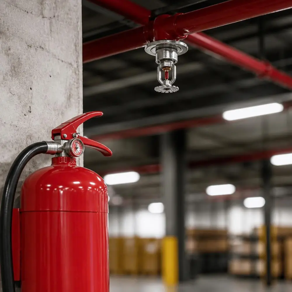 Bình chữa cháy và đầu phun sprinkler trong nhà xưởng