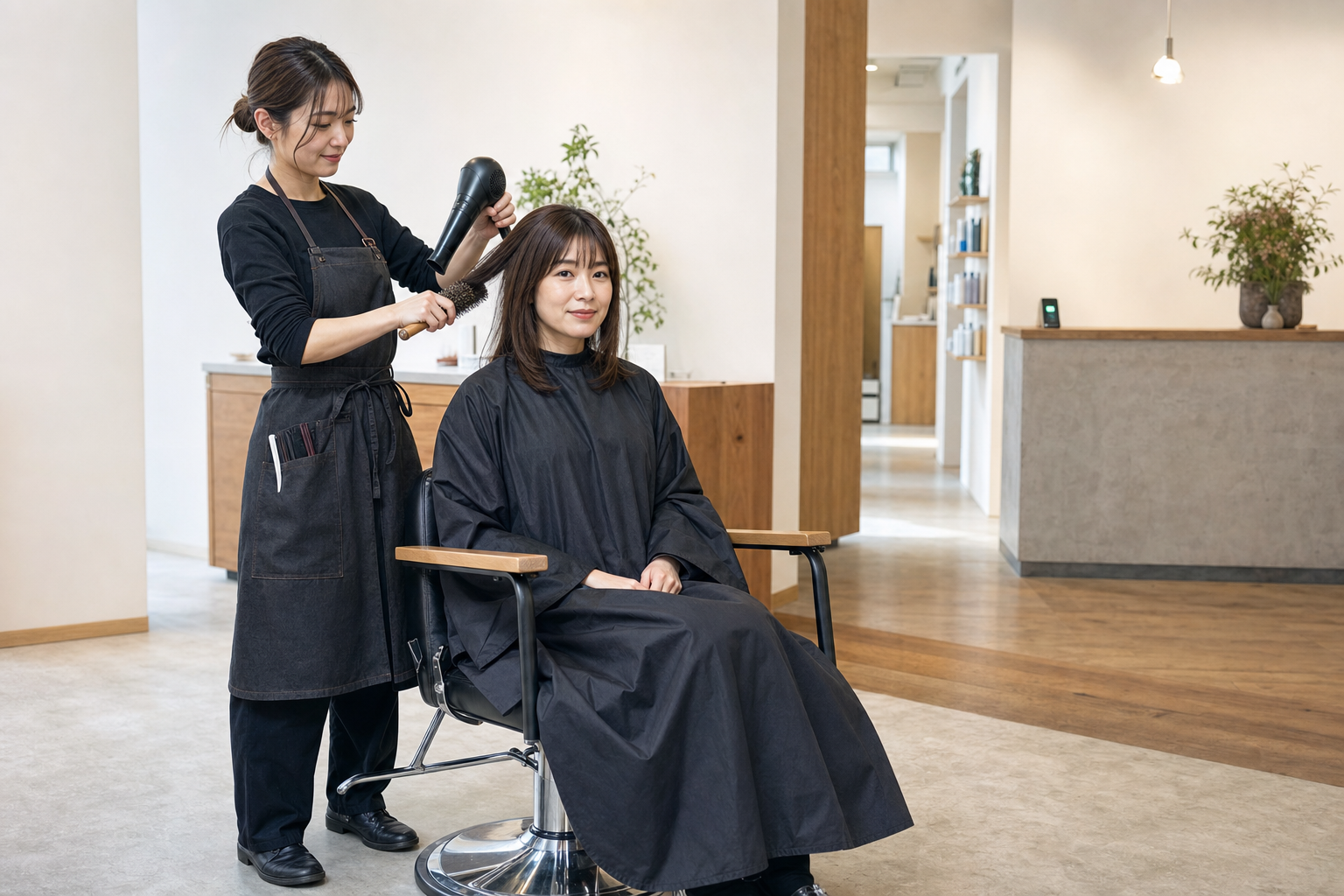 美容師がセット椅子の来店客を施術している間に、離れた受付カウンターのスマートフォンへ新しい予約が届くサロン