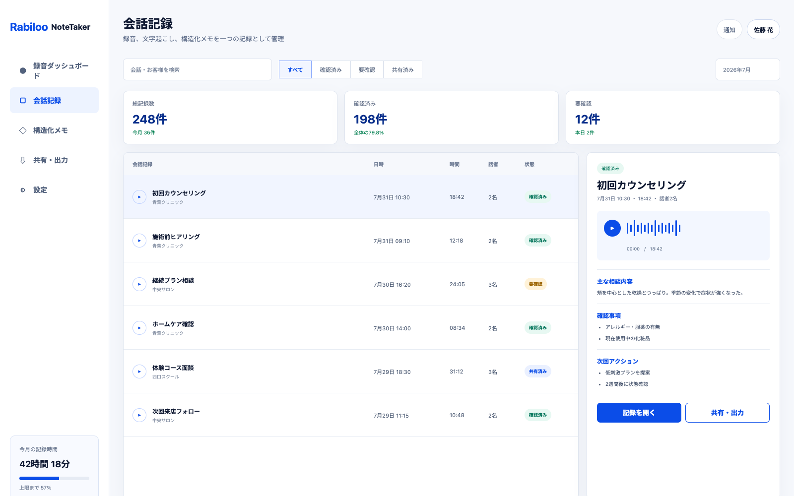 会話記録の一覧、確認状況、音声再生、AI構造化メモを日本語で表示したAI Note Taker PoC画面イメージ