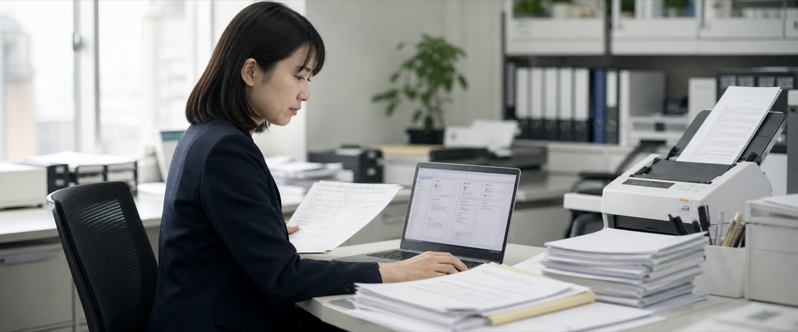 請求書類と管理画面を照合する保険業務担当者
