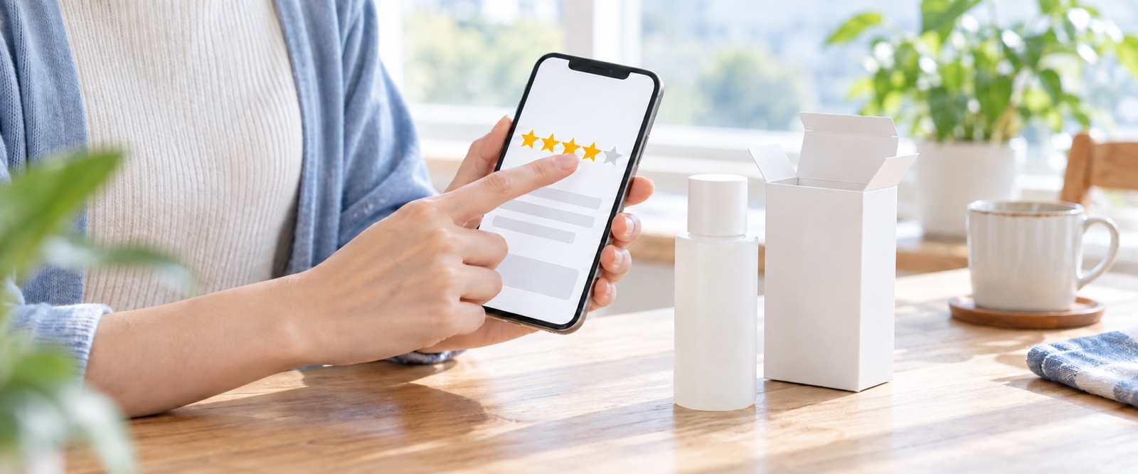 試供品を試したユーザーが、スマートフォンで星の評価を付けている様子