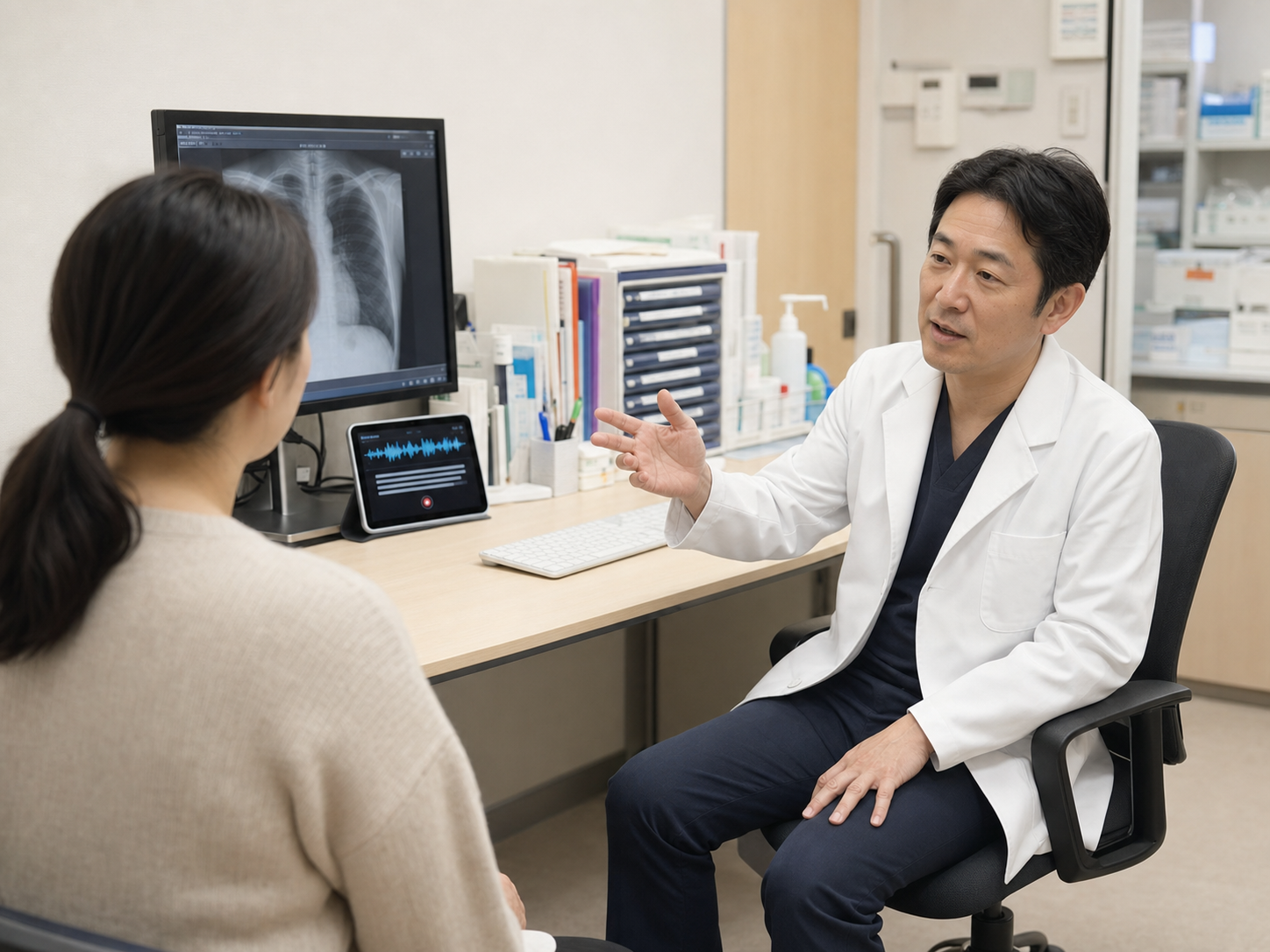 モニターのレントゲンをもとに患者へ診察結果を説明し、その会話をAI端末で記録する医師