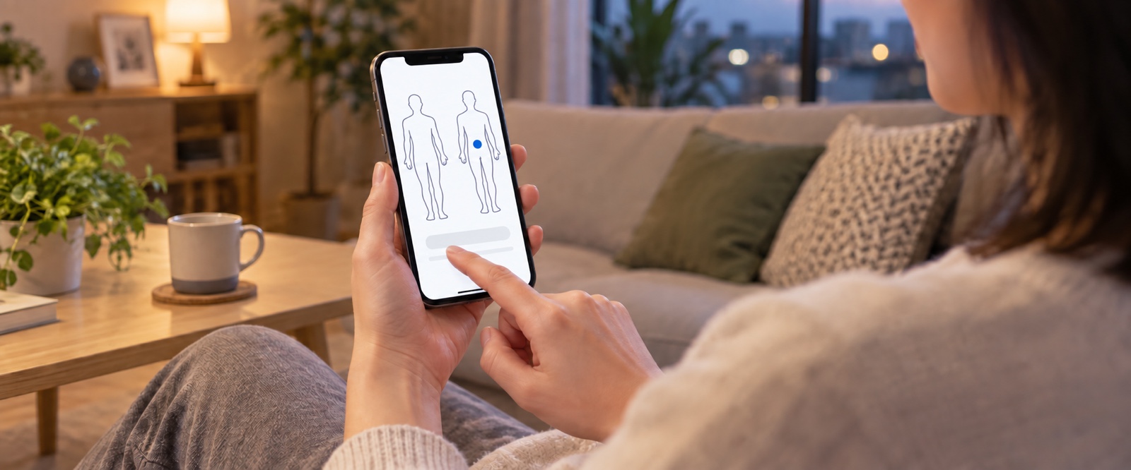 自宅で、スマートフォンの人体図の気になる場所に印を付ける患者の手元