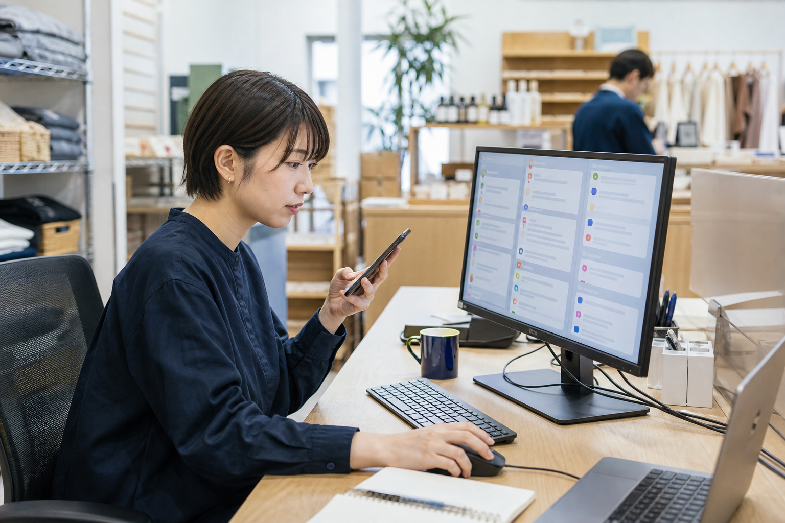 小売店舗のバックオフィスで、スマートフォンと統合受信画面を確認するSNS運用担当者
