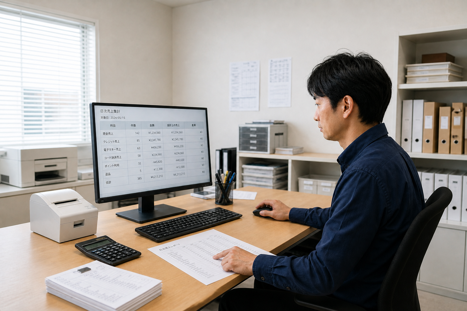 机に平置きしたPOS日次売上帳票を指しながら会計画面と照合する店舗運営担当者