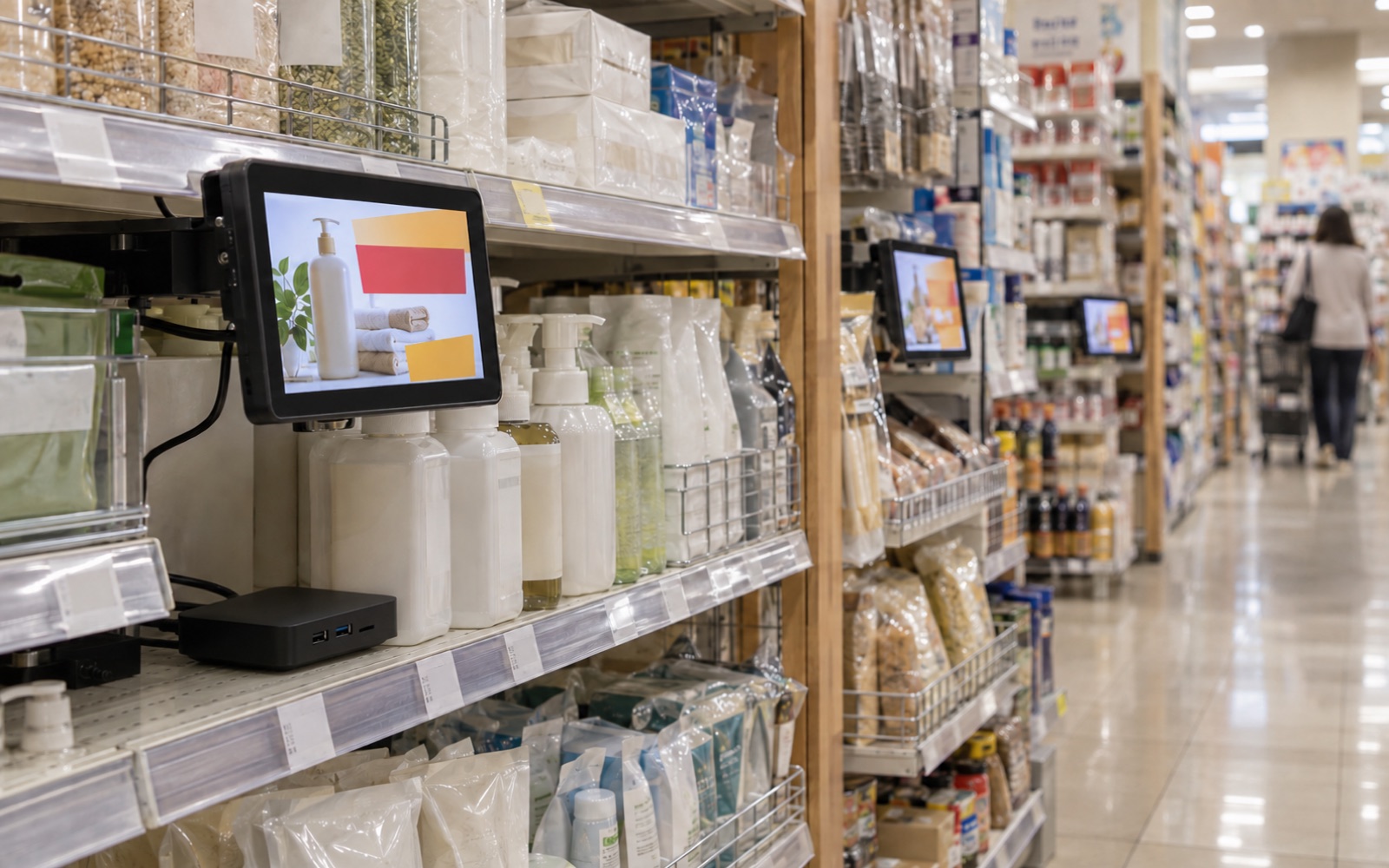 売り場の棚に取り付けたデジタルPOPのタブレットと配信端末