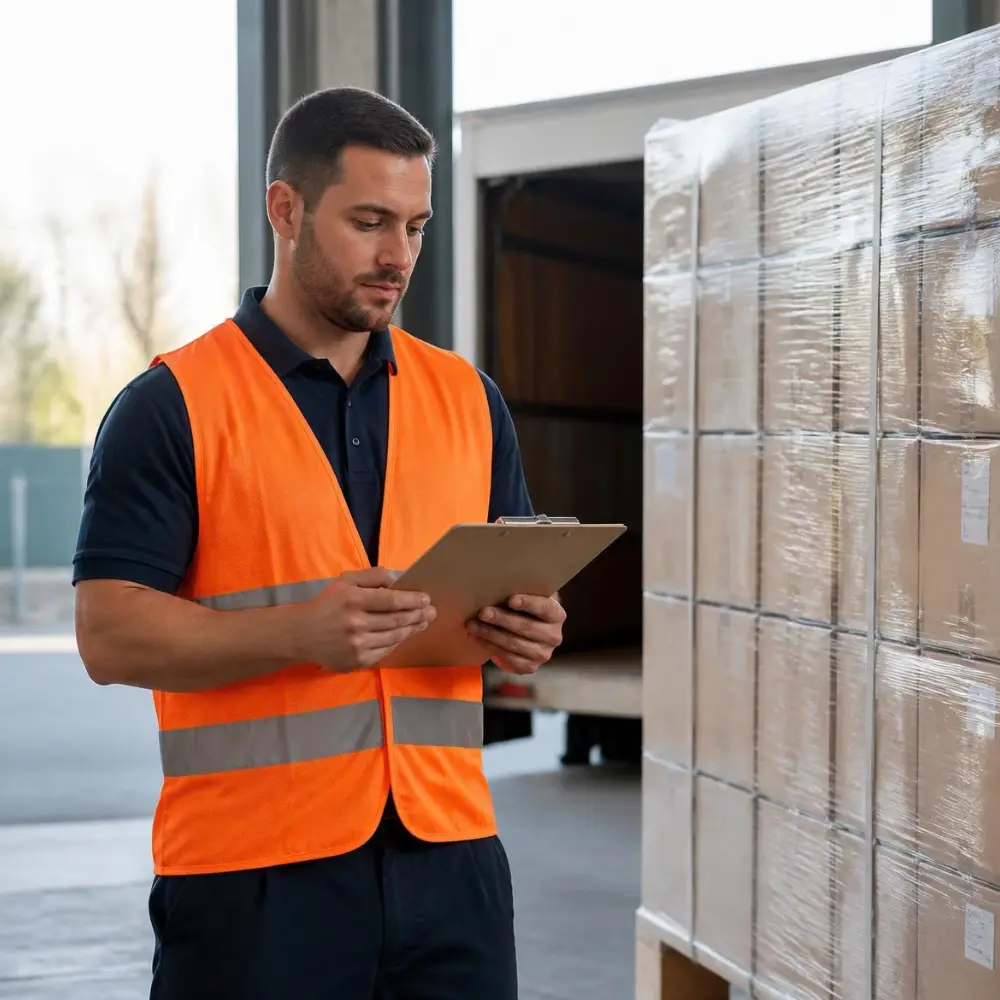 Nhân viên kiểm đếm pallet vật tư tại khu tiếp nhận