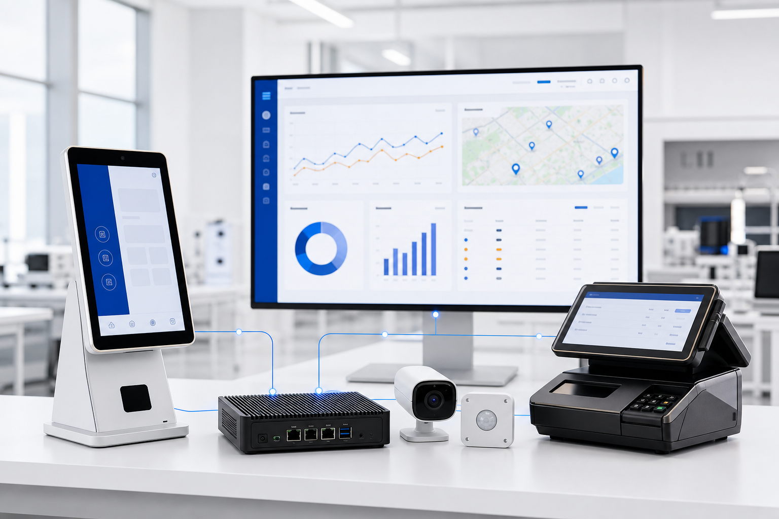 タブレット端末、エッジコンピューター、AIカメラ、POS、管理画面を一つにつないだ設計範囲のイメージ