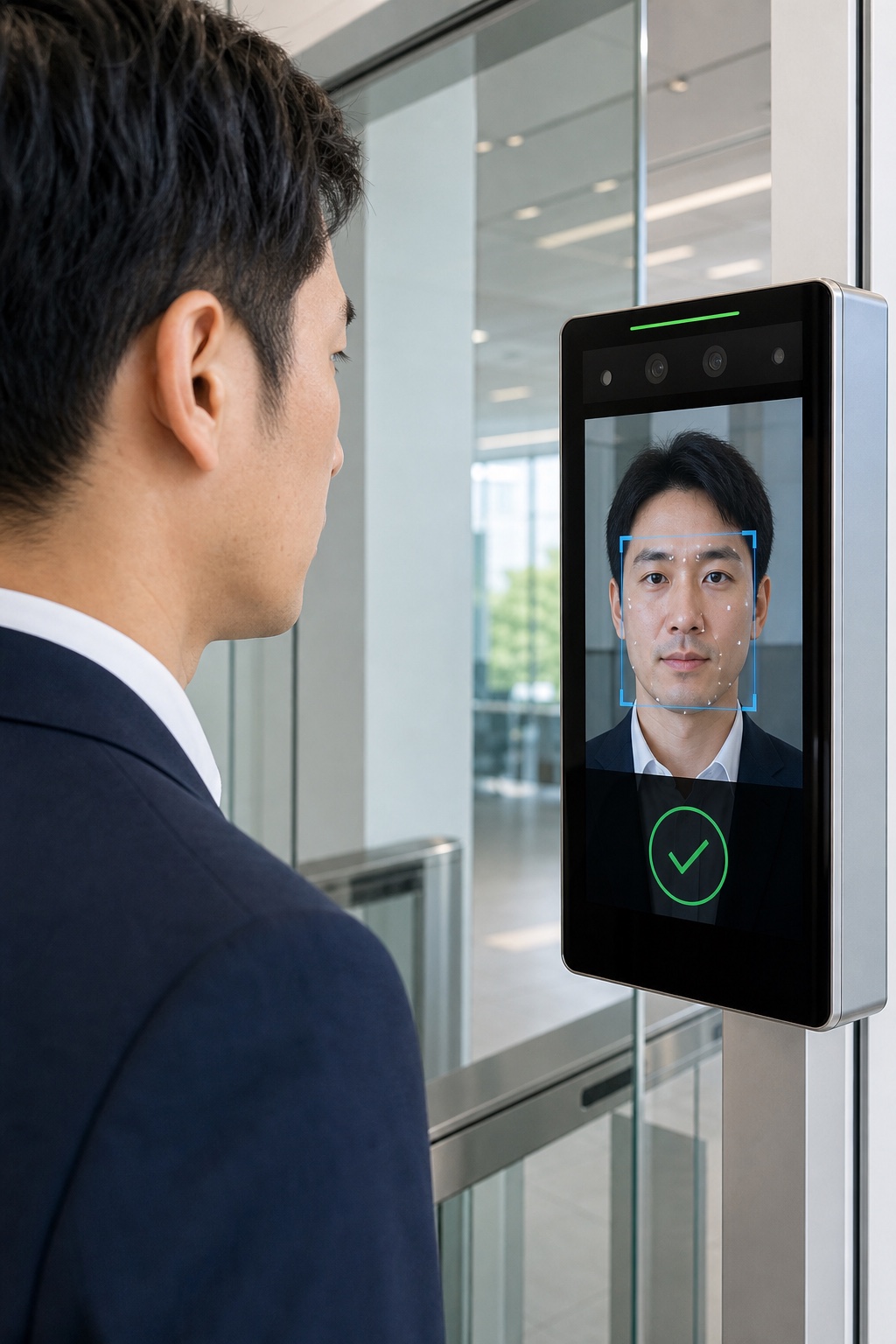オフィス入口でカメラ付き端末を見て顔認証する利用者
