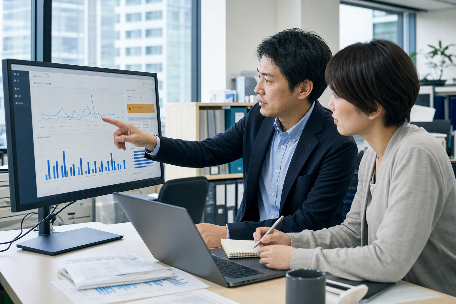店舗別ダッシュボードを見ながら数値の変化と次の確認事項を話し合う本部担当者