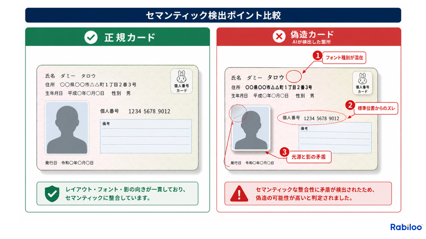 AIによるIDカードのセマンティック一貫性チェックの比較図。左の正規カードに対し、右の偽造カードではフォント不一致・要素配置のずれ・影の方向の矛盾という3つの異常箇所がAIによって検出されていることを示す。